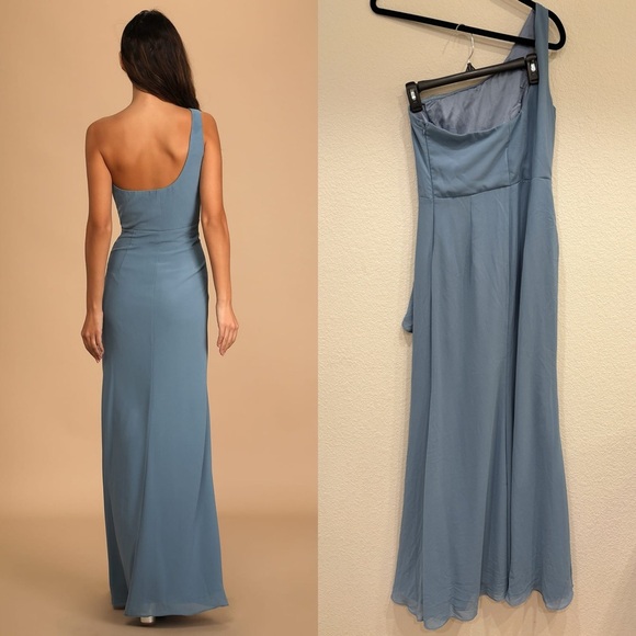 NWOT Lulus‎ Magical Romance Slate Blue Ruffled One-Shoulder Maxi Dress - Picture 3 of 9